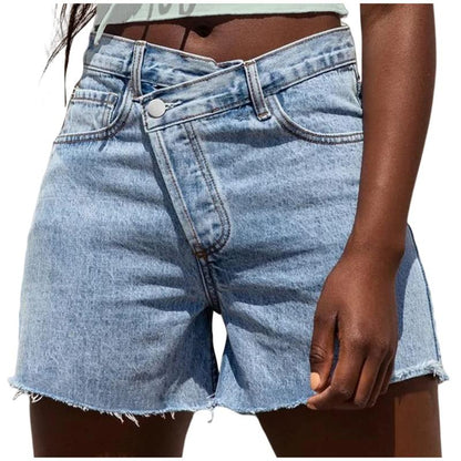 Medium-wash high-waisted denim shorts with button closure and frayed cuff hem