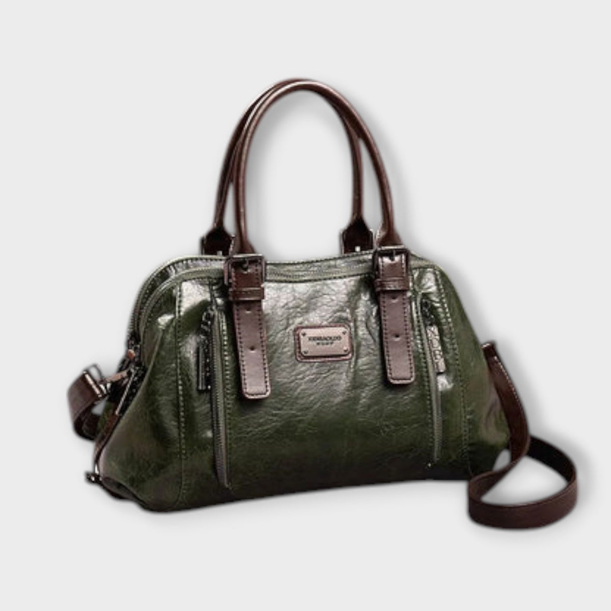 Vintage leather-look shoulder bag in green with top handles and crossbody strap