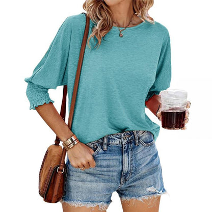 Lightweight summer workwear blouse, teal crew neck with ruched cuff sleeves