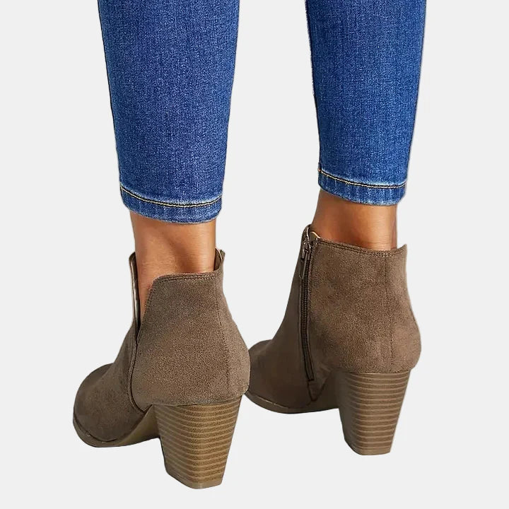 Brown suede ankle boots with side zip and stacked block heel