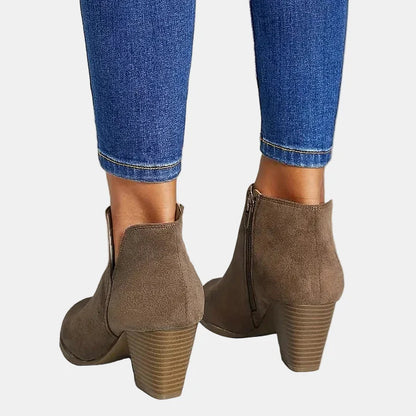 Brown suede ankle boots with side zip and stacked block heel