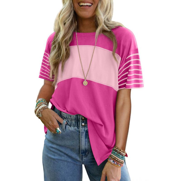 Breathable stripe crewneck top with pink body and light pink horizontal panel