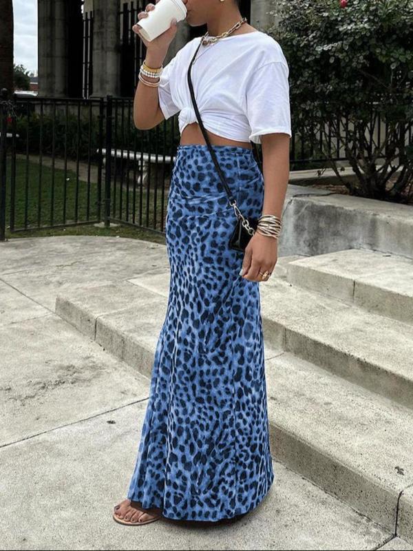 Leopard print high-waist bodycon skirt, blue with dark spots