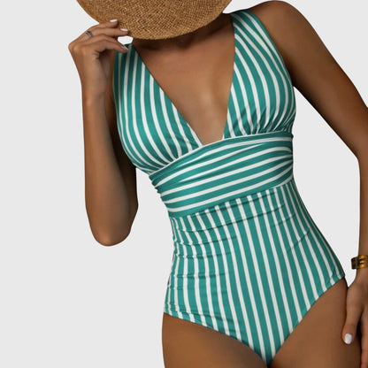 Teal and white striped one-piece swimsuit with deep V-neck