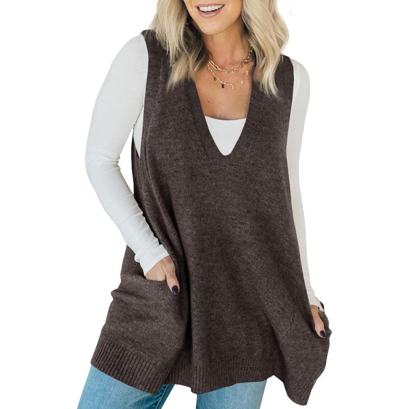 Dark brown knit sleeveless tunic vest with V-neck and side pockets, hip-length hem