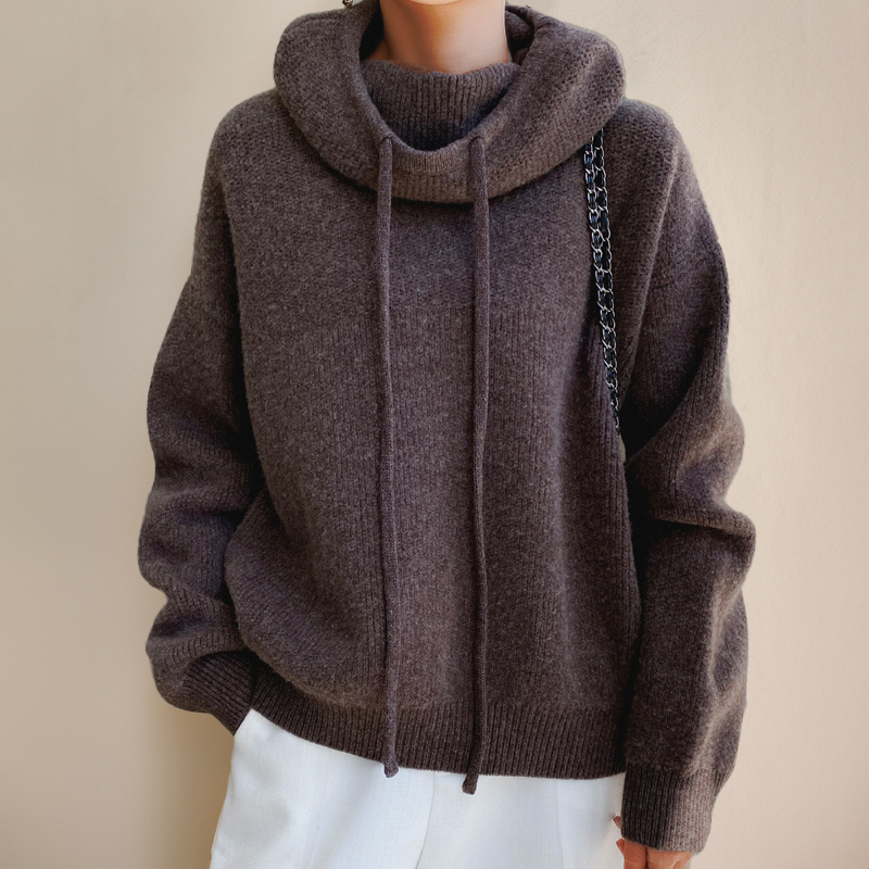 Brown winter hoodie with hood and drawstring ties, ribbed cuffs and hem