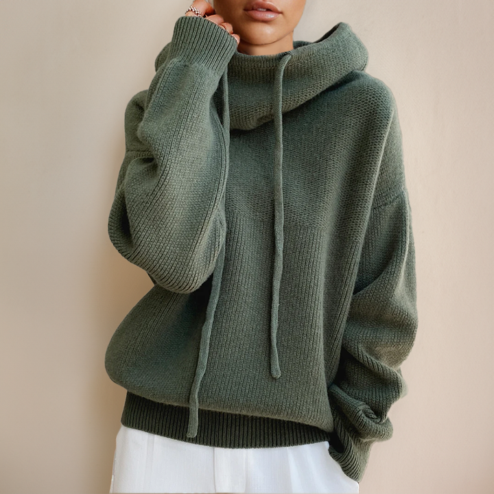 Green winter hoodie with hood and long drawstring ties, ribbed cuffs and hem