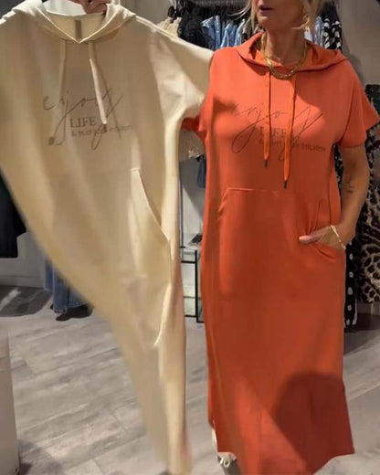 Long hooded dress, cream and orange, short sleeves with drawstring hood