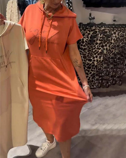 Red long hooded dress with short sleeves, front pocket, drawstring at hood