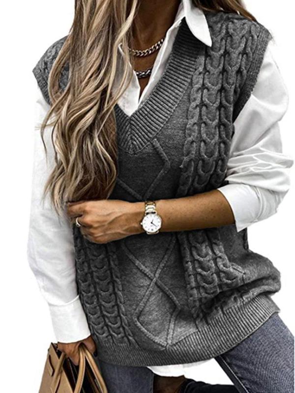 Dark grey textured V-neck knit vest with cable pattern and ribbed hem trim