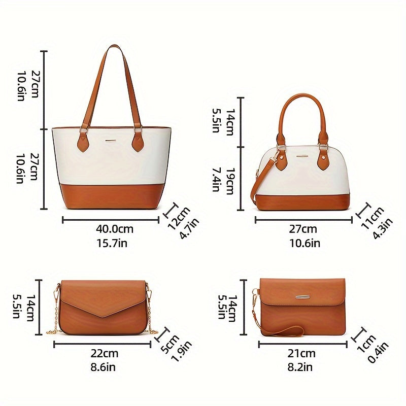 Bag set size chart with tote and small bags in white and brown color blocks