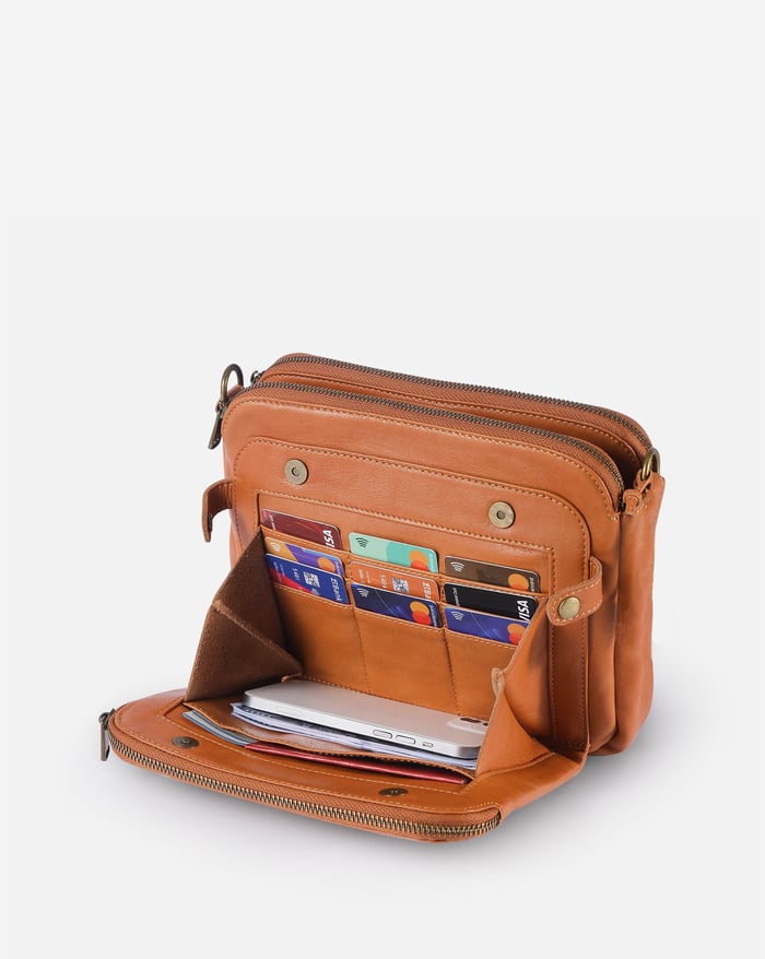 Orange crossbody bag interior with card slots and zip compartment, shown open