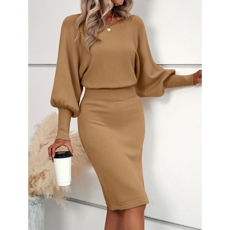 Khaki sweater dress with lantern sleeves, crew neck, fitted waist and pencil midi skirt