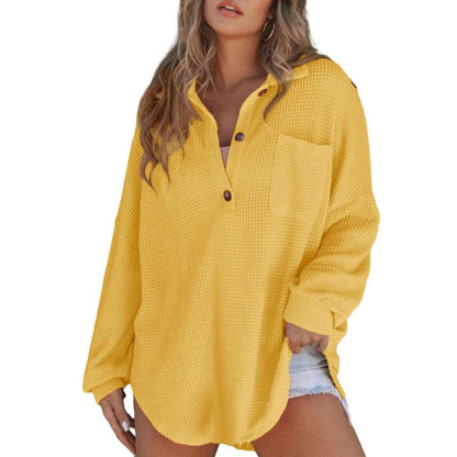 Yellow waffle V-neck long sleeve sweater with button placket and chest pocket