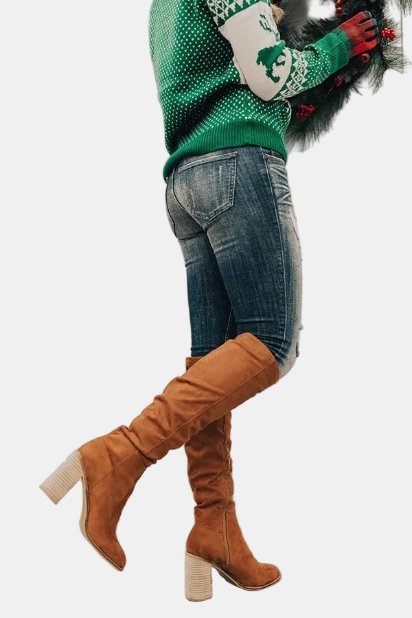 Camel heeled knee-high boots with stacked block heel and pull-on design