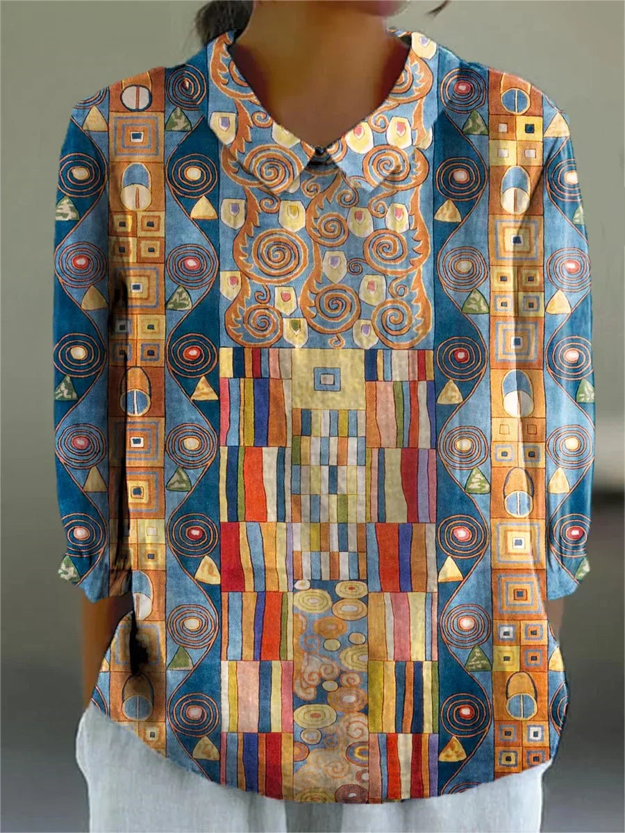 Multicolor mosaic print blouse with round neckline and long sleeves