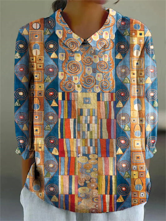 Multicolor mosaic print blouse with round neckline and long sleeves