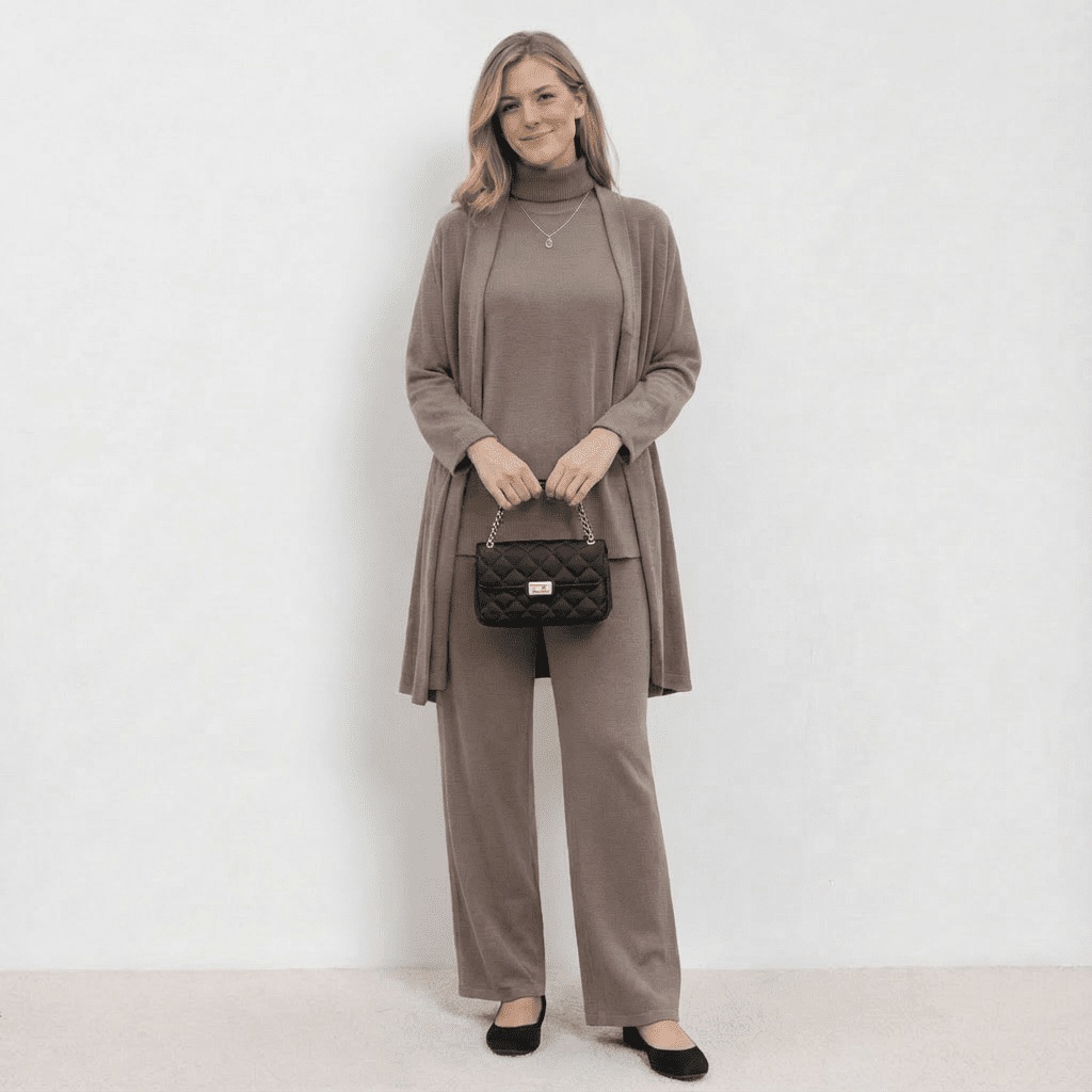 Taupe knit cardigan, turtleneck top and wide-leg trousers set.