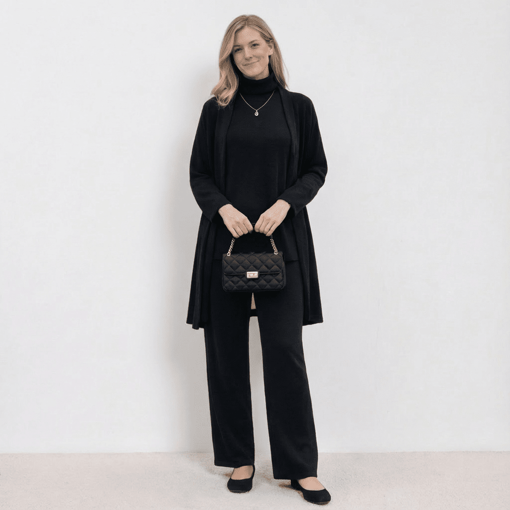 Black knit cardigan, turtleneck top and wide-leg trousers set.