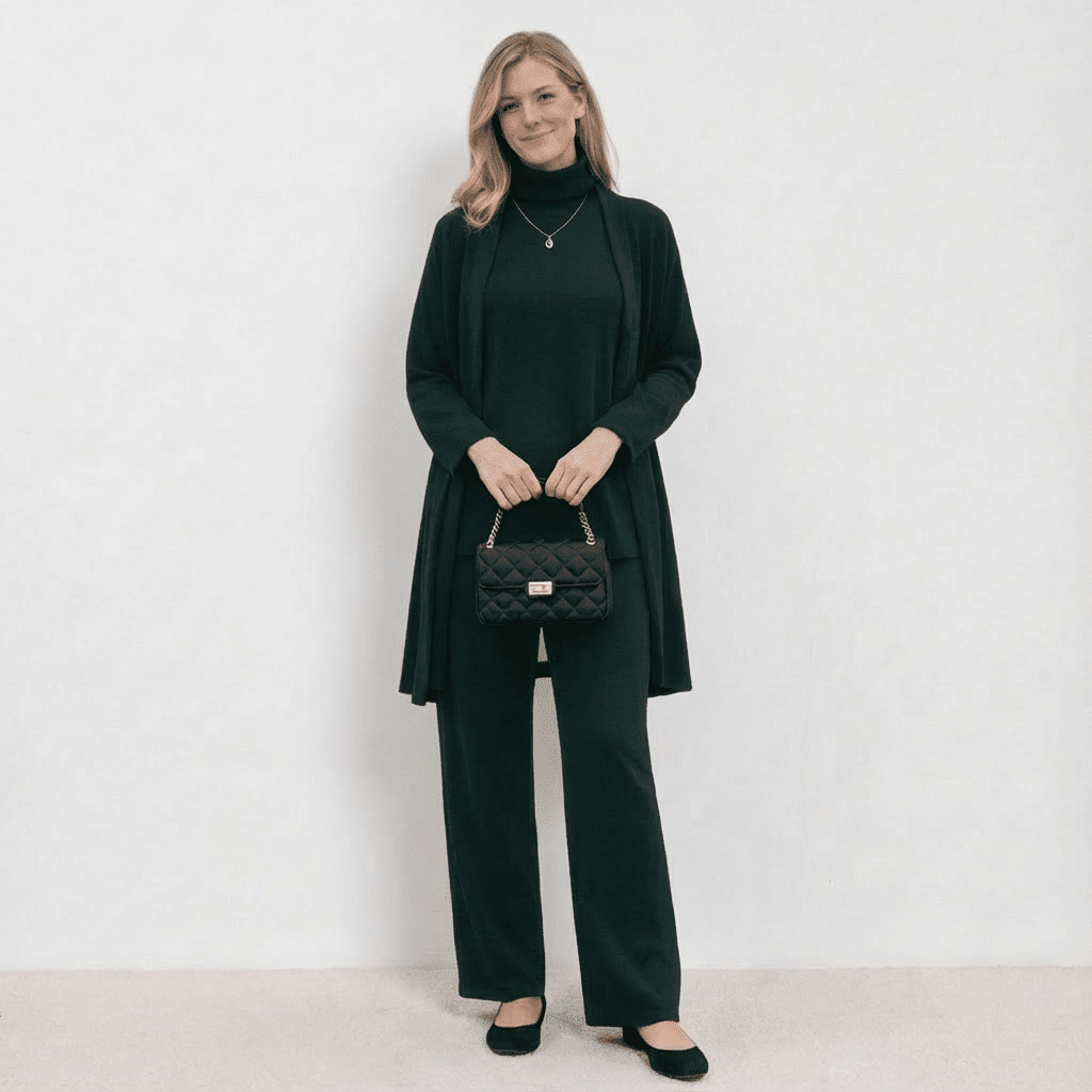 Green knit cardigan, turtleneck top and wide-leg trousers set.
