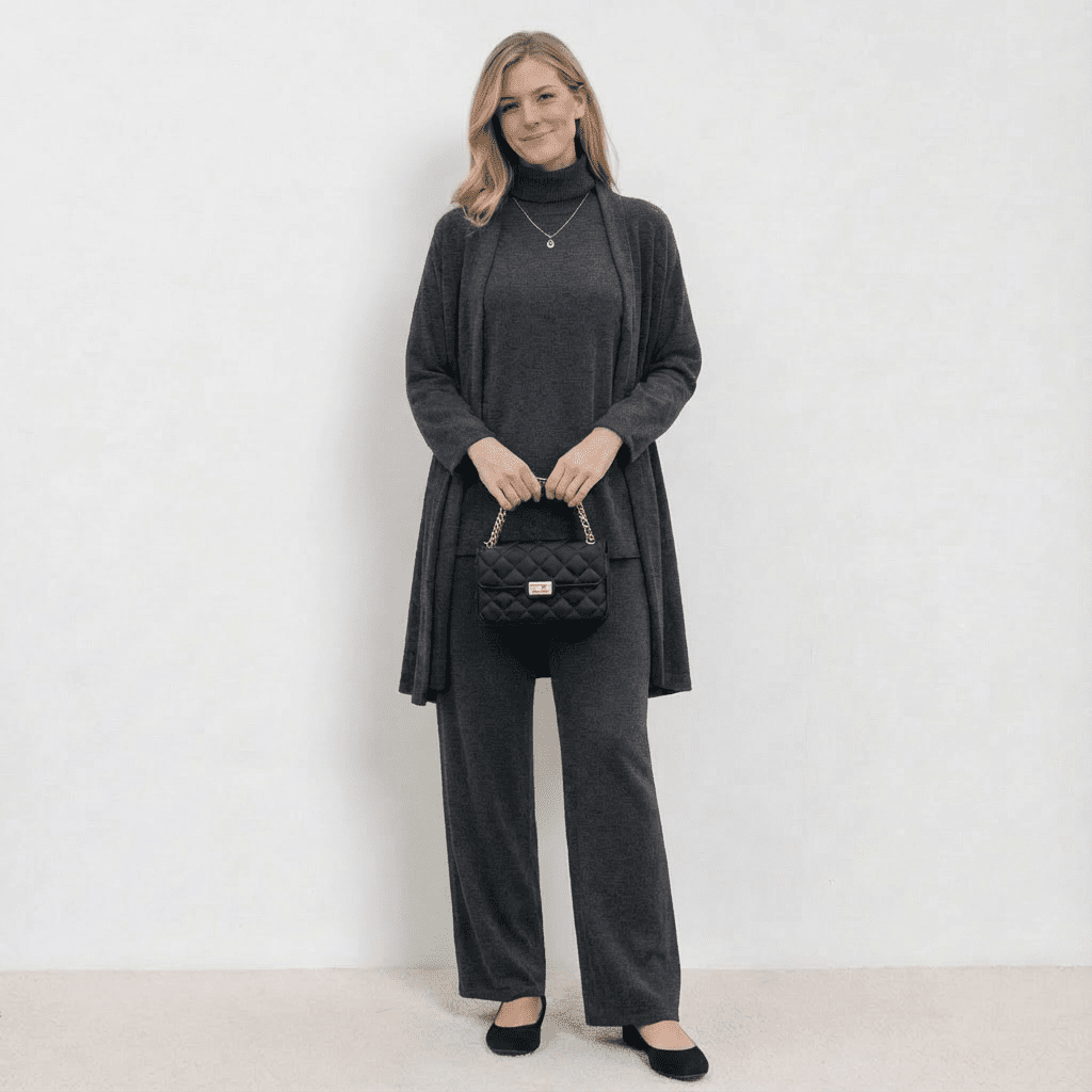 Dark grey knit cardigan, turtleneck top and wide-leg trousers set.