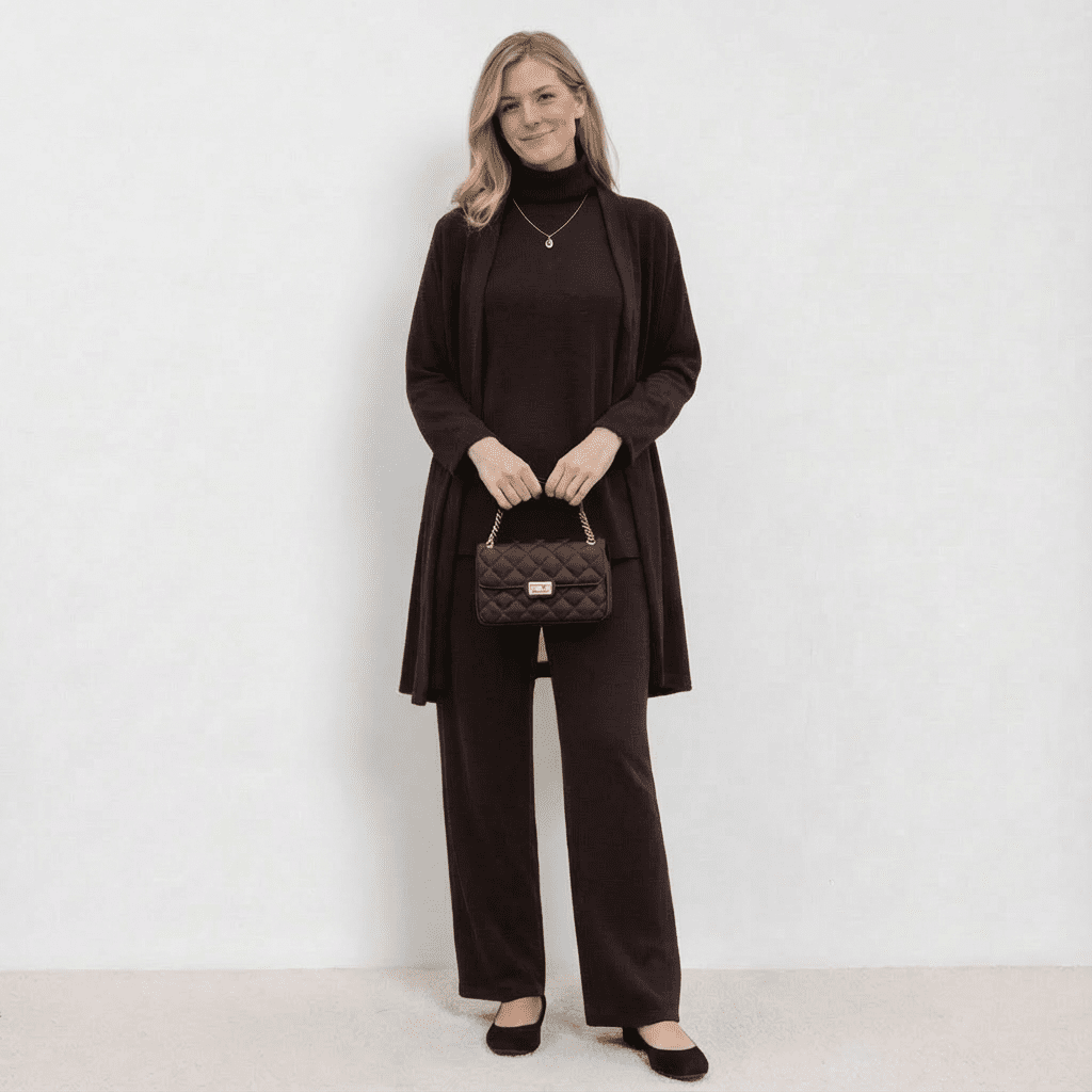 Dark brown knit cardigan, turtleneck top and wide-leg trousers set.