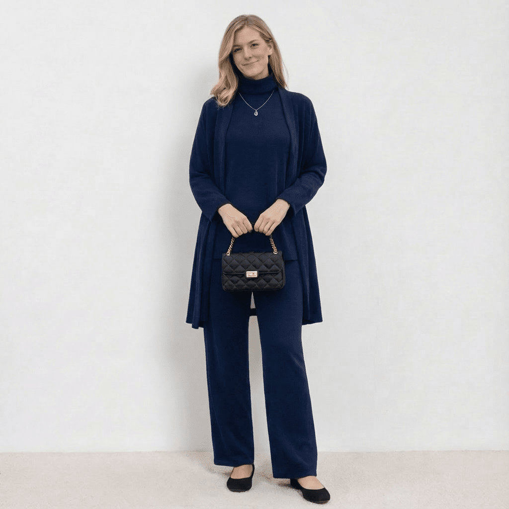 Blue knit cardigan, turtleneck top and wide-leg trousers set.