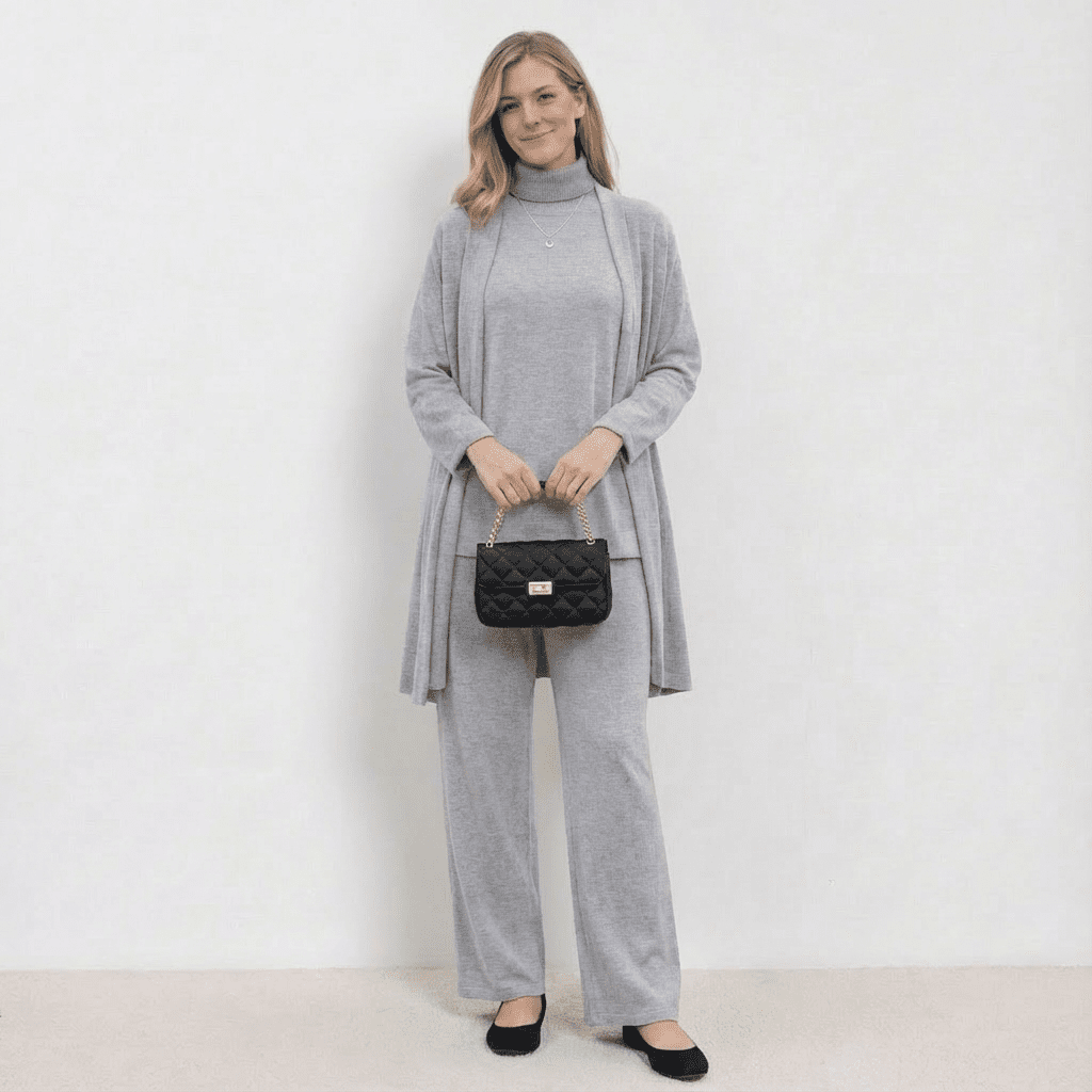 Light grey knit cardigan, turtleneck top and wide-leg trousers set.