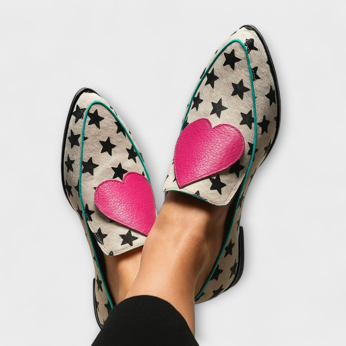 Shona beige heart loafers with pink heart and black star print, turquoise trim