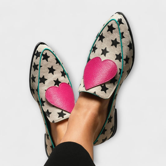 Shona beige heart loafers with pink heart and black star print, turquoise trim