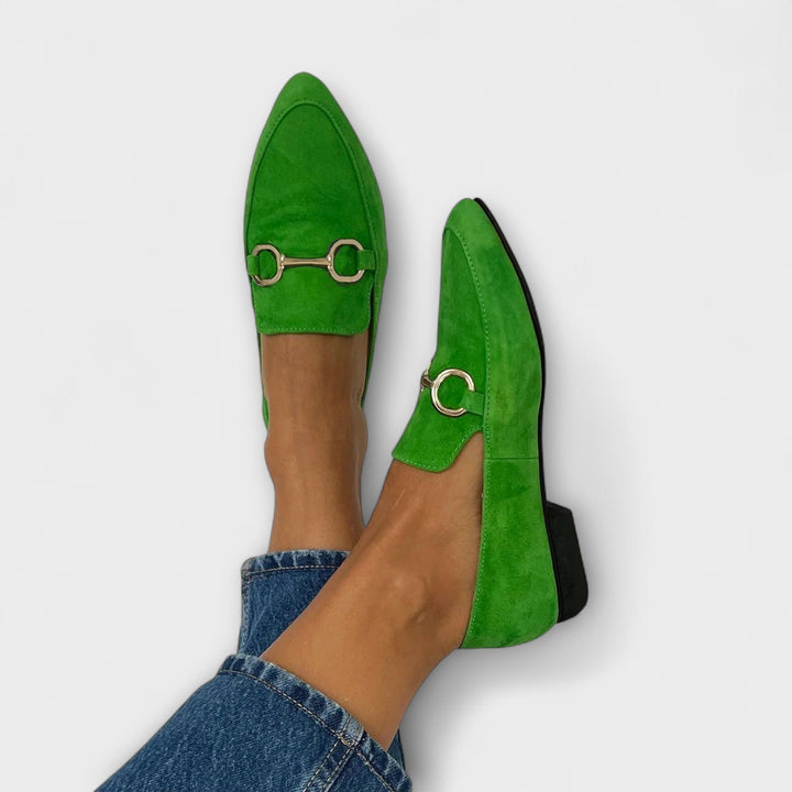Pointed green ballet flats with gold-tone buckle strap, suede-like finish, low heel