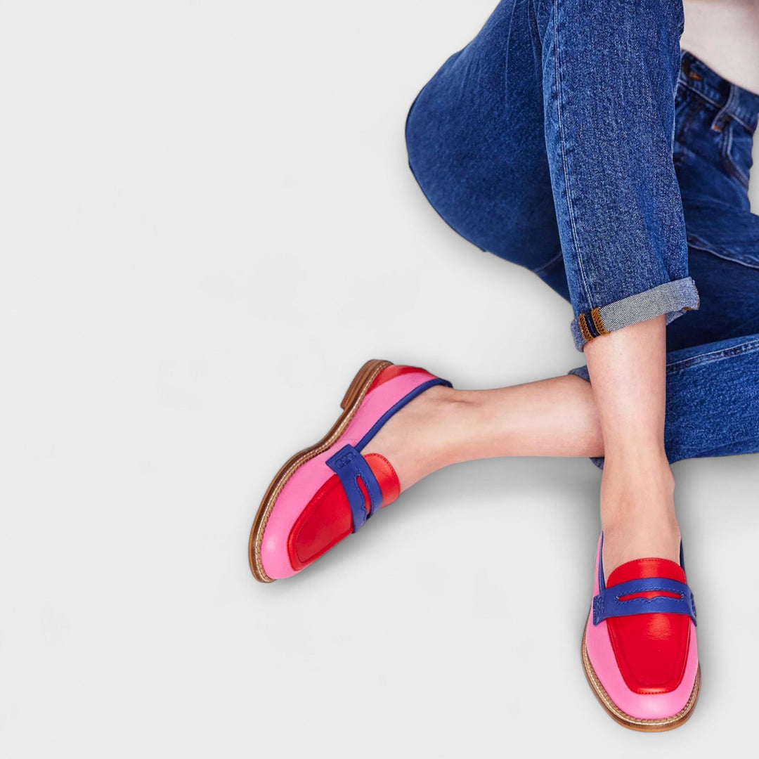 Caz round-toe loafers in pink and red with blue strap, low-profile tan sole.