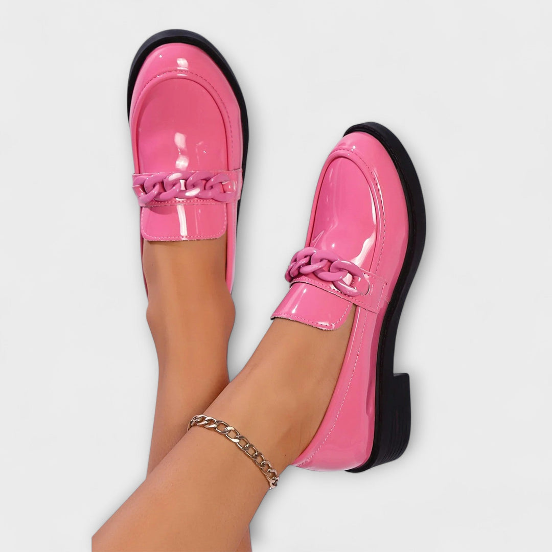 Merry round-toe casual loafers, glossy pink patent with braided chain detail and rounded toe