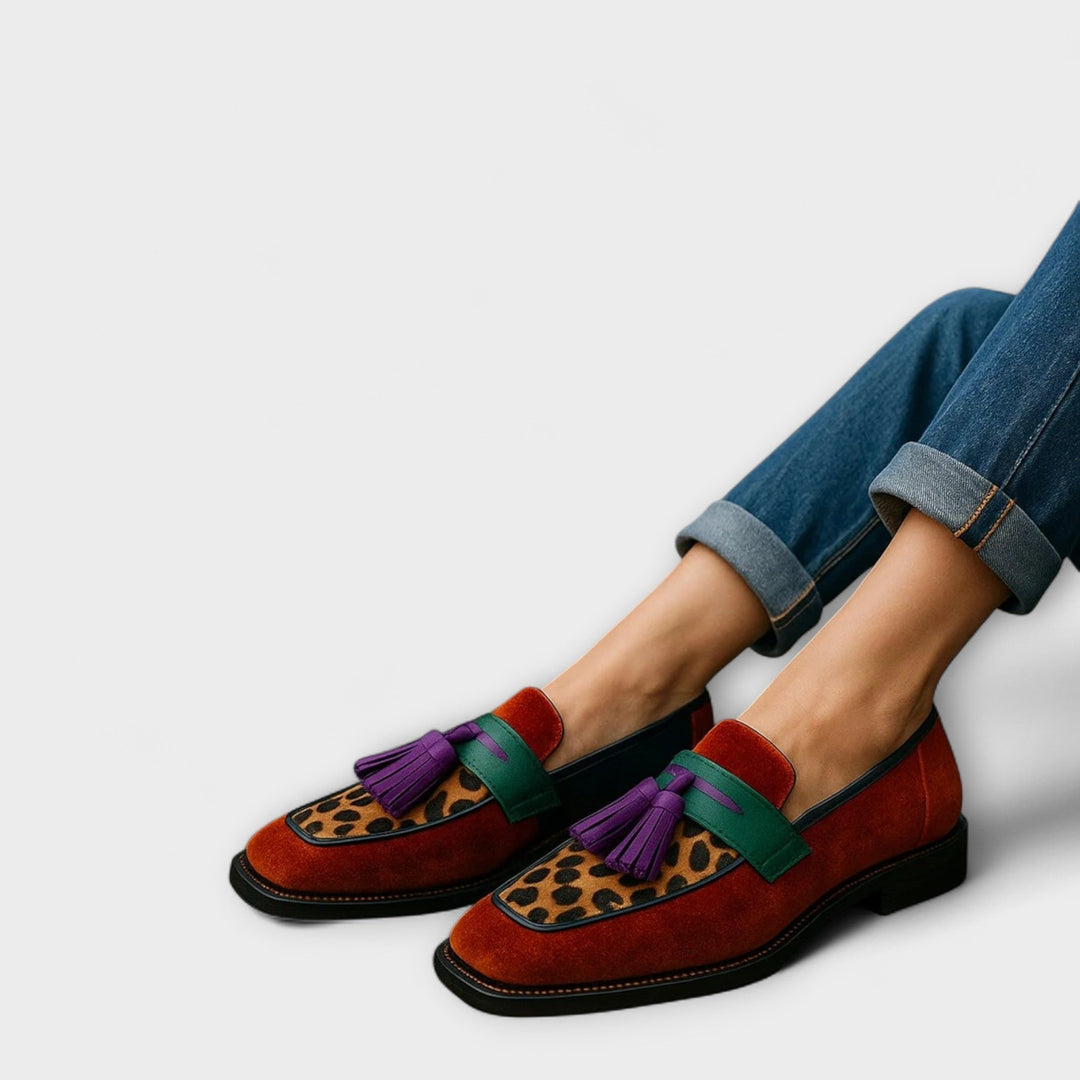Tifany multicoloured loafers in red suede with green trim, leopard print insets, purple tassels