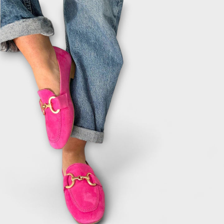 Magenta suede casual loafers with gold-tone bit detail and cushioned collar