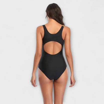 One-piece swimsuit, back view with large oval cut-out, black