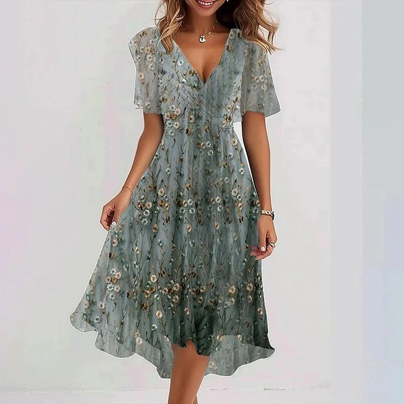 Green floral midi dress with V-neck and short flutter sleeves