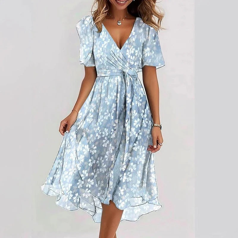 Light blue floral midi dress with V-neck and short flutter sleeves