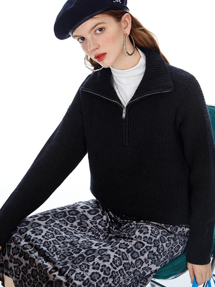 Black knit half-zip sweater with long sleeves and stand collar, front zipper