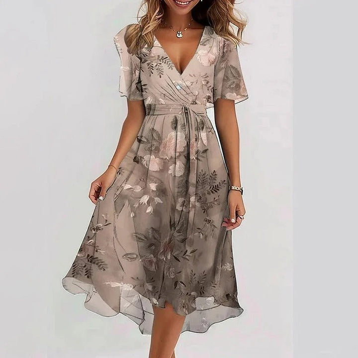Taupe and brown botanical print midi dress with V-neck and short flutter sleeves