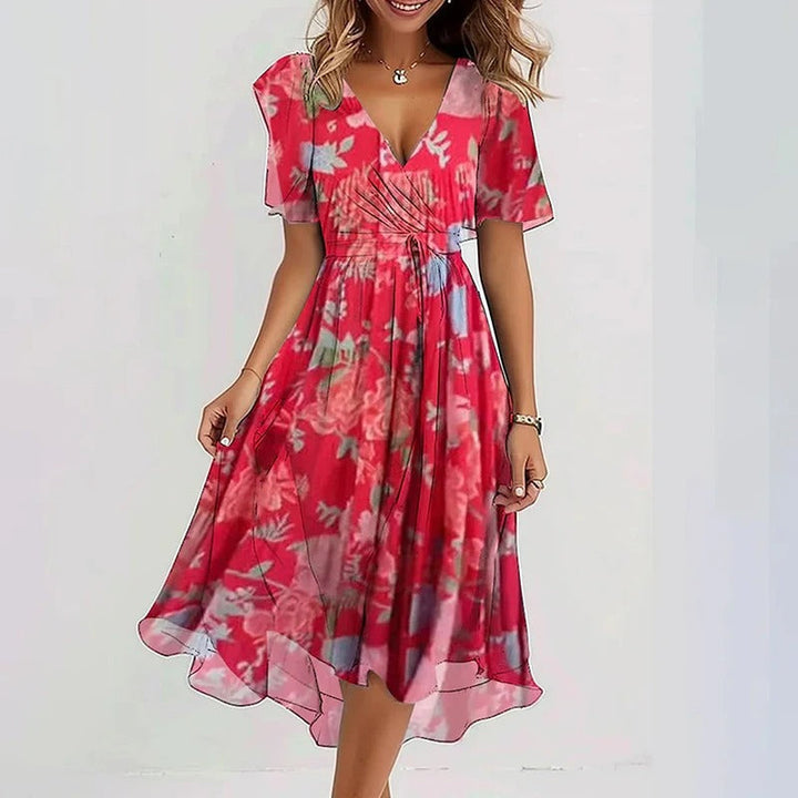Red floral midi dress with V-neck and short flutter sleeves