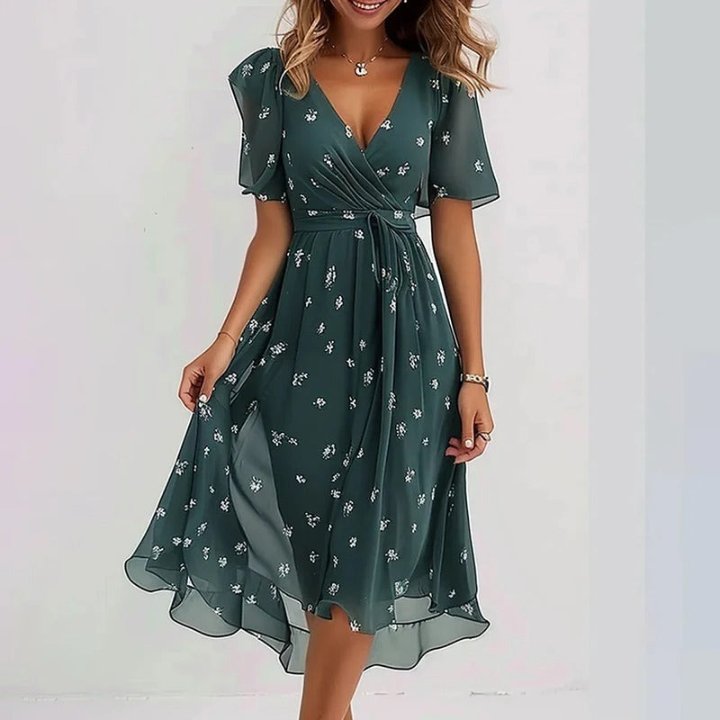 Dark green floral print midi dress with V-neck and short flutter sleeves