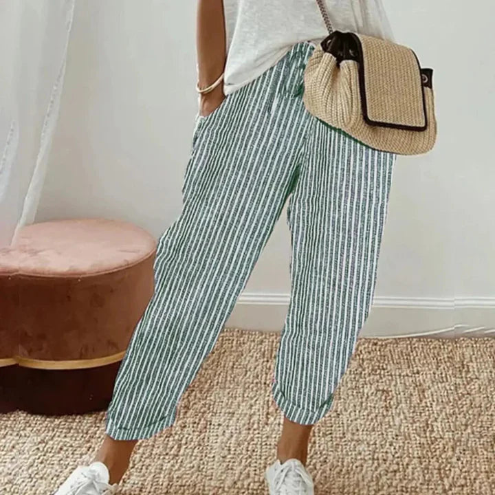Green striped retro pants, ankle-length with relaxed fit