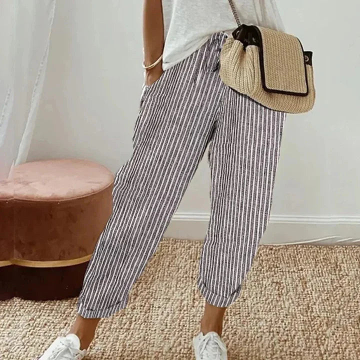 Gray striped retro pants with relaxed fit and cropped ankle length