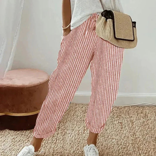 Striped pink retro comfort pants with straight legs and ankle-length cuff
