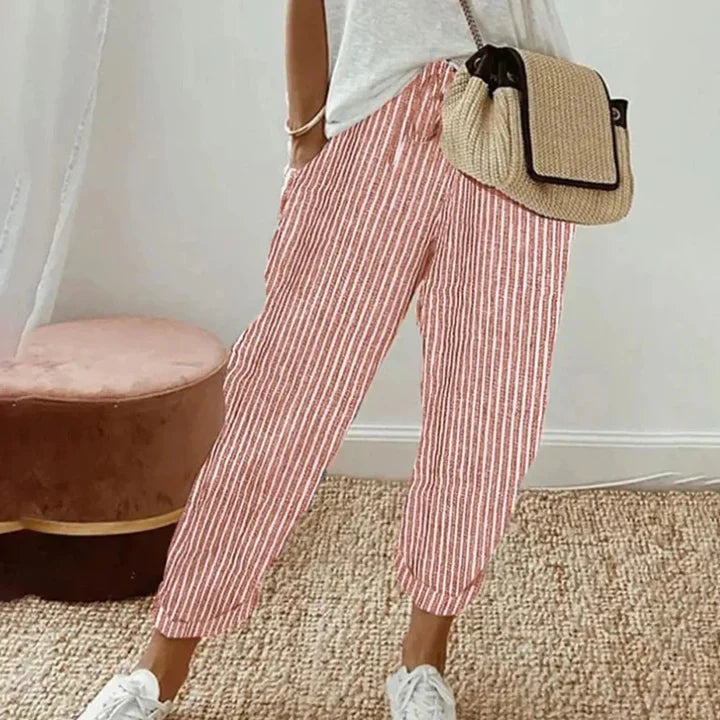 Striped pink retro comfort pants with straight legs and ankle-length cuff