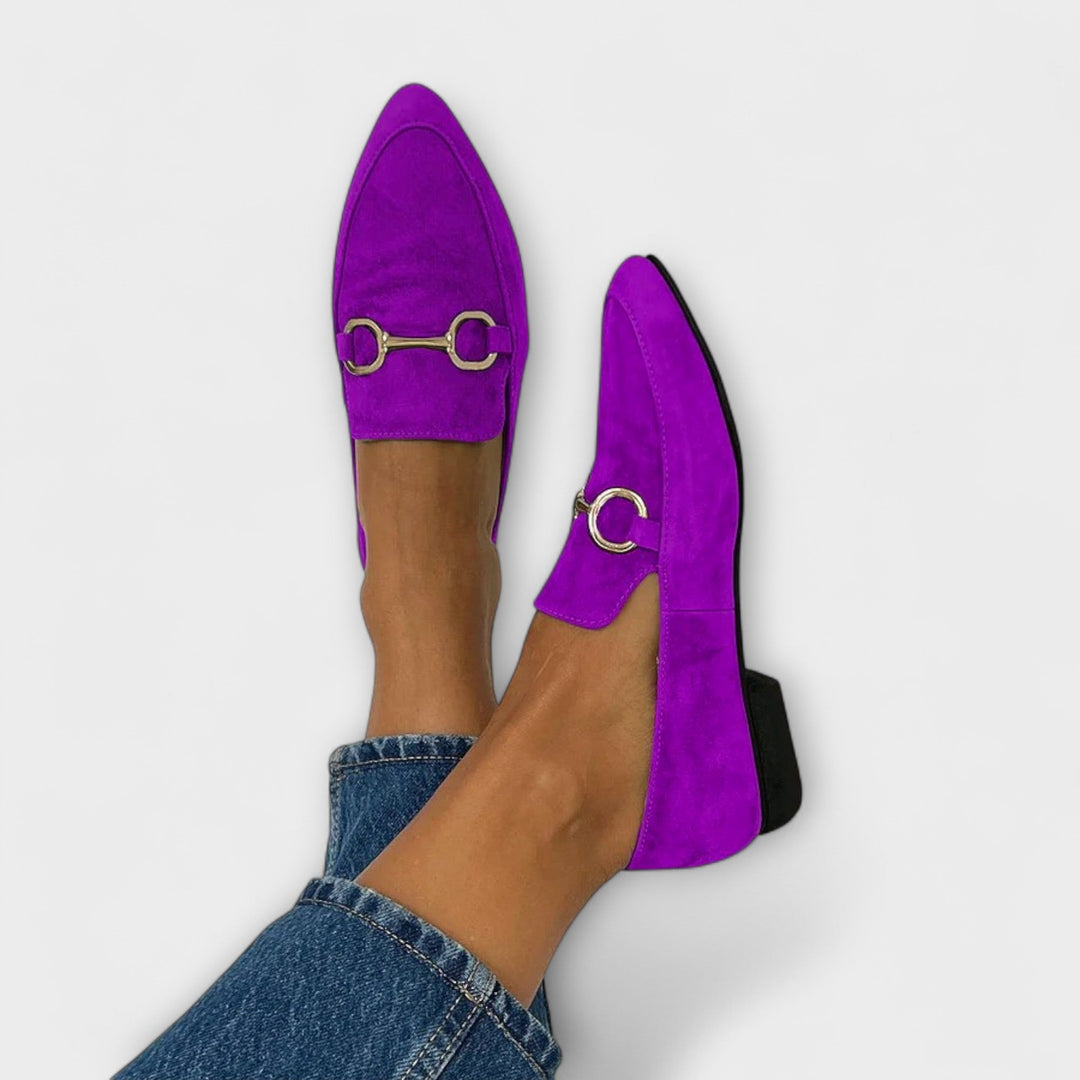 Pointed purple ballet flats with gold-tone buckle strap, closed-toe low heel