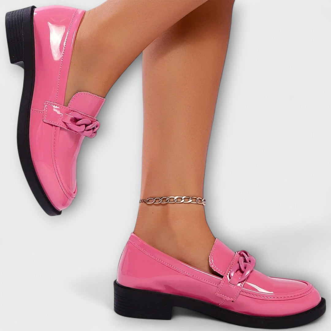 Merry round-toe casual loafers, glossy pink patent with braided chain detail and block heel