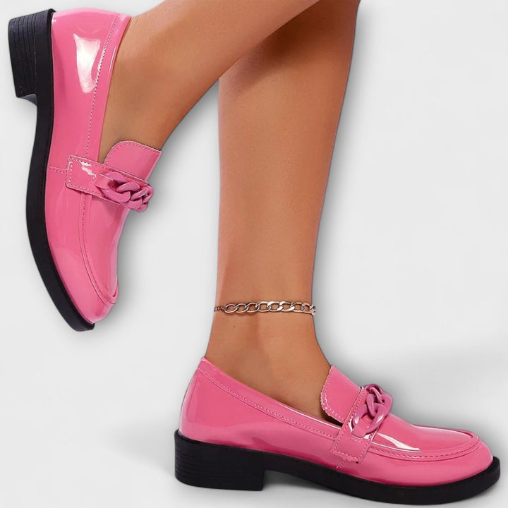 Merry round-toe casual loafers, glossy pink patent with braided chain detail and block heel