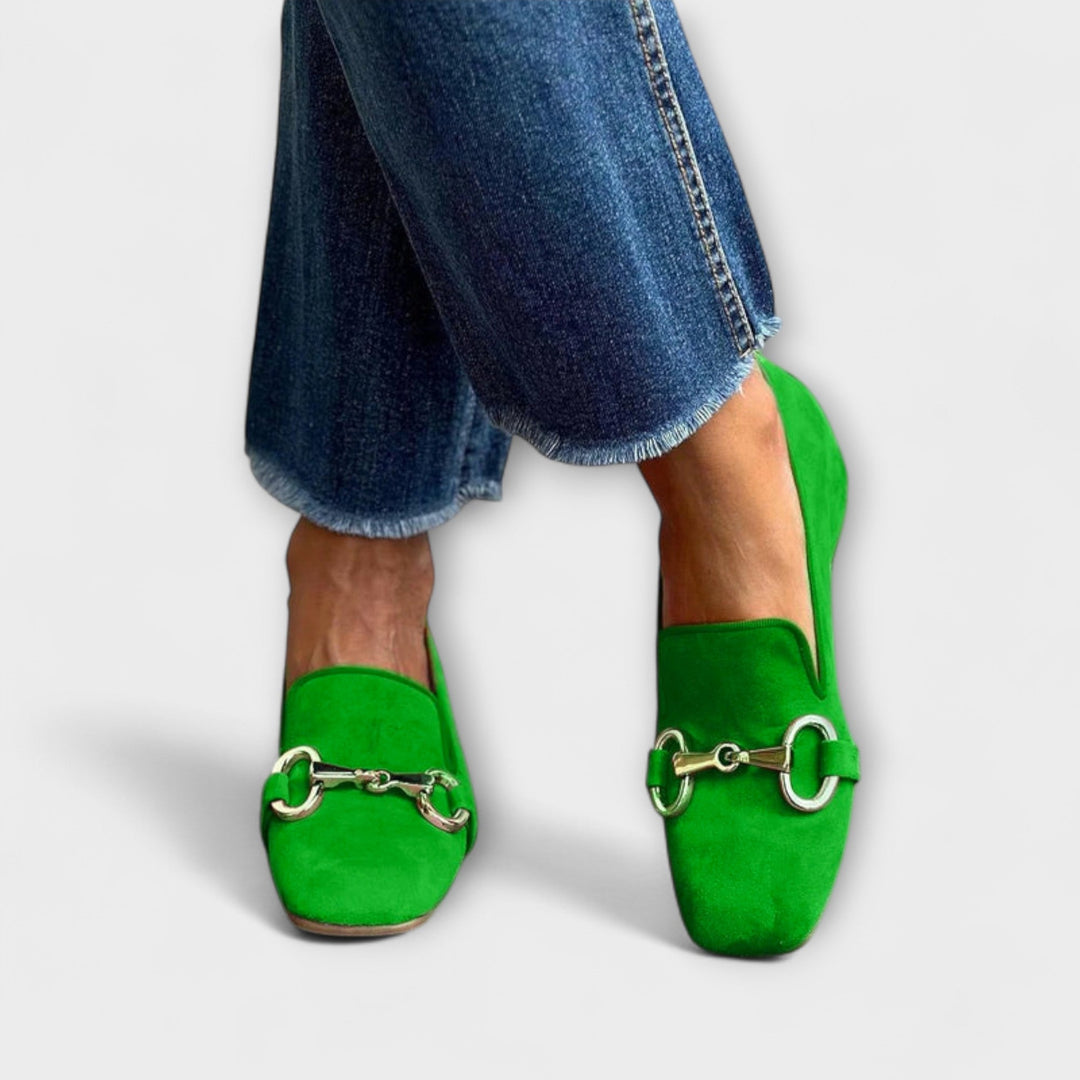 Green suede square-toe loafers with metal chain and buckle strap